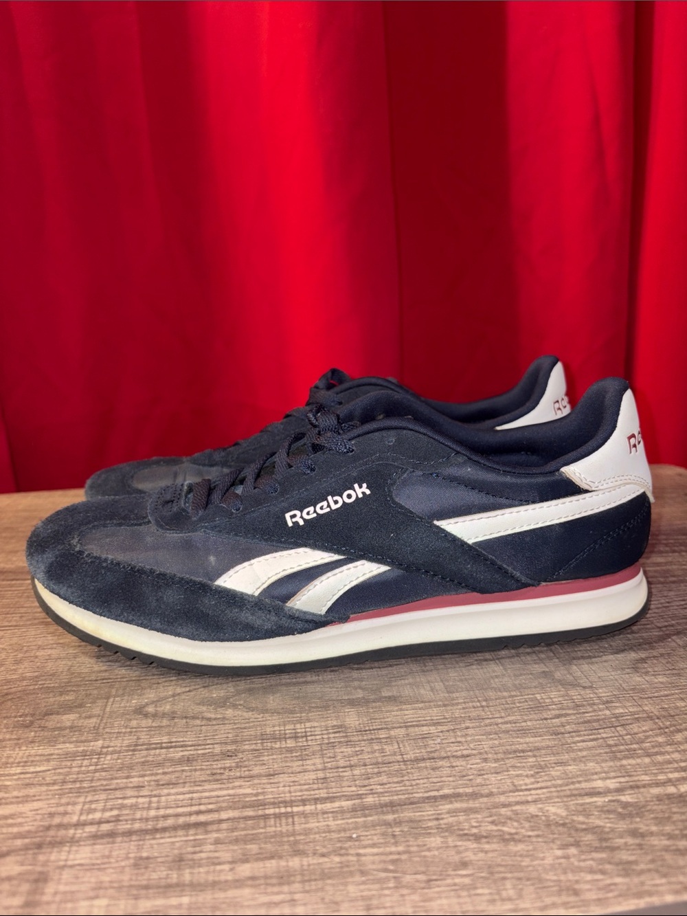 Reebok Men's Navy and White Retro Runner with Pink Accent